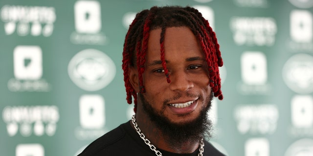 Linebacker Kwon Alexander, #9, speaks after training camp at Atlantic Health Jets Training Center on August 1, 2022 in Florham Park, New Jersey. 