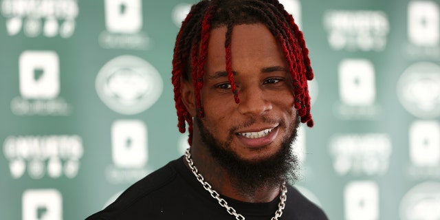 Linebacker Kwon Alexander, #9, speaks after training camp at Atlantic Health Jets Training Center on August 1, 2022 in Florham Park, New Jersey.