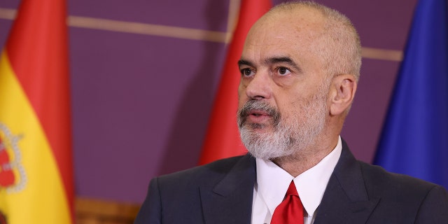 Albanian Prime Minister Edi Rama speaks at a joint press conference with his Spanish counterpart Pedro Sanchez not in the picture in Tirana, Albania, on Aug. 1, 2022.