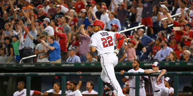 Soto hits a solo homer off New York Mets starting pitcher Max Scherzer at Nationals Park in Washington on Monday, Aug. 1, 2022.