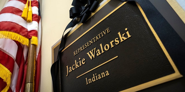 A black ribbon adorns the nameplate of the late Rep. Jackie Walorski (R-IN) at her office in the Cannon House Office Building on August 4, 2022 in Washington, DC. Walorski, 58, and two staff members were killed in a car crash in Elkhart County, Indiana.