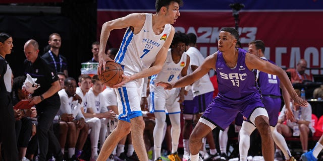 Chet Holmgren of the Oklahoma City Thunder looks to pass against the Sacramento Kings during Summer League play on July 13, 2022, at the Thomas and Mack Center in Las Vegas, Nevada.