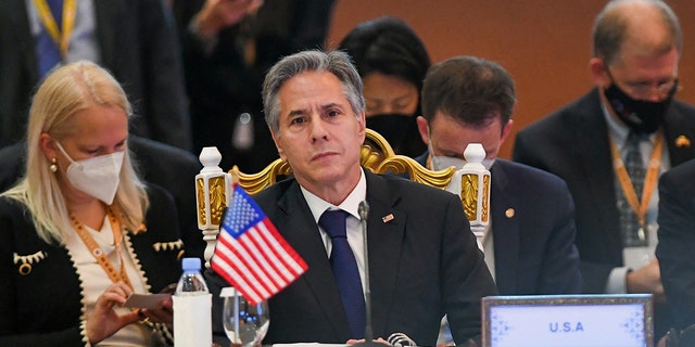 U.S. Secretary of State Anthony Blinken looks on at the East Asia Summit Foreign Ministers meeting during the 55th ASEAN Foreign Ministers' Meeting in Phnom Penh on August 5, 2022.