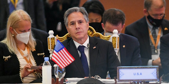 U.S. Secretary of State Anthony Blinken looks on at the East Asia Summit Foreign Ministers meeting during the 55th ASEAN Foreign Ministers' Meeting in Phnom Penh on August 5, 2022.