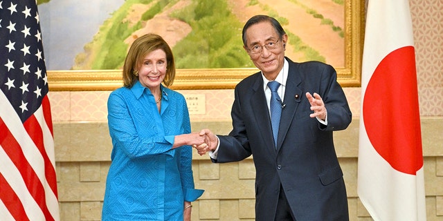 House Speaker Nancy Pelosi, D-Calif., shakes hands with Hiroyuki Hosoda, speaker of Japan's House of Representatives, during a meeting in Tokyo on August 5, 2022.