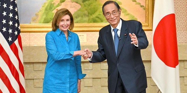 De voorzitter van het Amerikaanse Huis van Afgevaardigden Nancy Pelosi (links) schudt de hand van Hiroyuki Hosoda, de voorzitter van het Japanse Huis van Afgevaardigden, tijdens een bijeenkomst in Tokio.