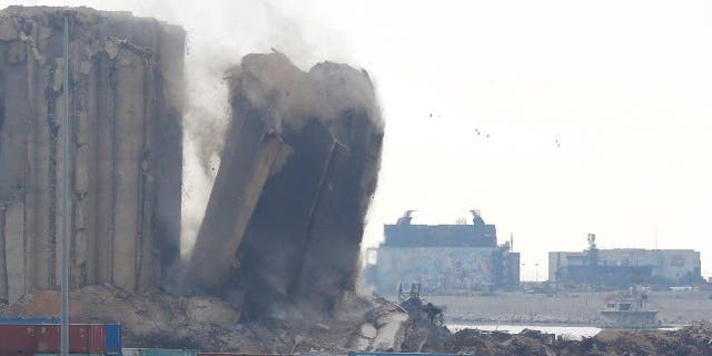 Part of the Beirut port grain silos collapses in Beirut, Lebanon, on Aug. 4, 2022. The further collapse of the structure came after part of the Beirut port grain silos collapsed on Sunday.