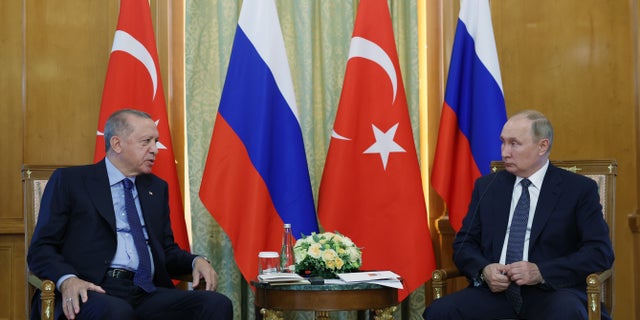 Turkish President Recep Tayyip Erdogan (L) and Russian President Vladimir Putin (R) meet in Sochi, Russia on August 05, 2022.