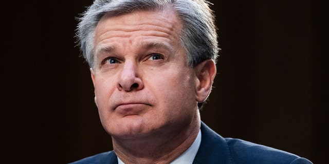 FBI Director Christopher Wray testifies during the Senate Judiciary Committee in the Hart Senate Office Building in Washington on Aug.  4, 2022.
