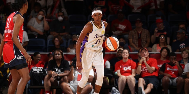 Brittney Sykes #15 of the Los Angeles Sparks dribbles the ball during the game against the Washington Mystics on Aug. 7, 2022 at Entertainment & Sports Arena in Washington, DC.