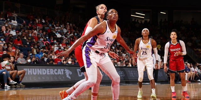 Nneka Ogwumike #30 of the Los Angeles Sparks boxes out against the Washington Mystics on Aug. 7, 2022 at Entertainment &amp; Sports Arena in Washington, DC. 