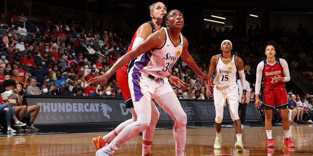 Nneka Ogwumike #30 of the Los Angeles Sparks boxes out against the Washington Mystics on Aug. 7, 2022 at Entertainment & Sports Arena in Washington, DC.