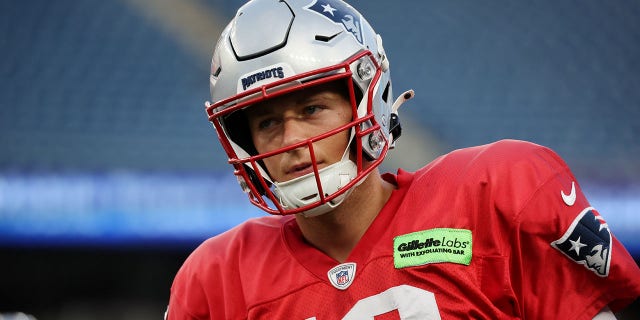 Quarterback Mac Jones during the New England Patriots practice at Gillette Stadium. The Patriots held their annual in-stadium practice for season ticket members and Foxborough residents. 