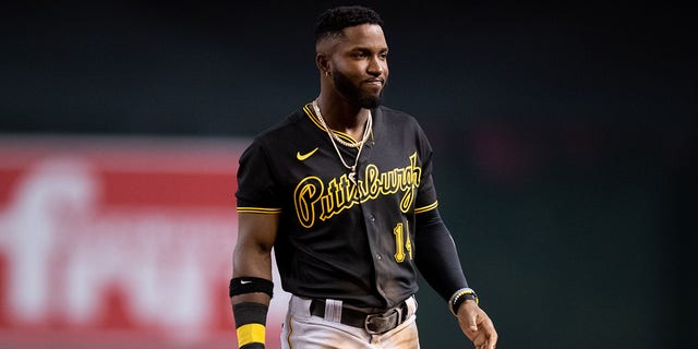 Pittsburgh Pirates infielder Rodolfo Castro (14) after a call at first base during a baseball game between the Pittsburgh Pirates and the Arizona Diamondbacks on August 9, 2022 at Chase Field in Phoenix, AZ. 
