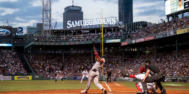 Atlanta Braves No. 18 Vaughn Grissom bats in the third inning of a game against the Boston Red Sox on August 10, 2022 at Fenway Park in Boston.  It was his first Major League Baseball game. 