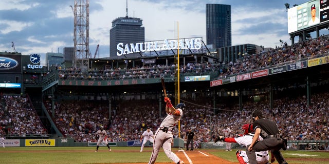 Atlanta Braves No. 18 Vaughn Grissom bats in the third inning of a game against the Boston Red Sox on August 10, 2022 at Fenway Park in Boston. It was his first Major League Baseball game.