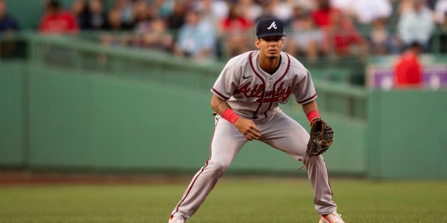 Vaughn Grissom, #18 of the Atlanta Braves, plays defense during the first inning of a game against the Boston Red Sox on August 10, 2022 at Fenway Park in Boston. It was his Major League Baseball debut game.