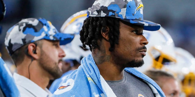 Chargers safety Derwin James on the sideline during a preseason game against the Rams at SoFi Stadium.