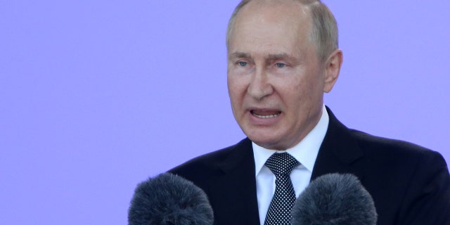 Russian President Vladimir Putin speaks during the opening ceremony of the International Military Technical Forum 'Army 2022', on August,15, 2022, in Kubinka, outside of Moscow, Russia.