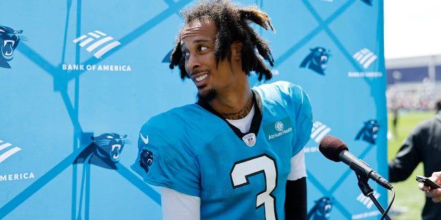 Wide receiver Robbie Anderson listens to a question during a joint practice between the New England Patriots and the Carolina Panthers on Aug. 16, 2022, at Gillette Stadium in Foxborough, Massachusetts.