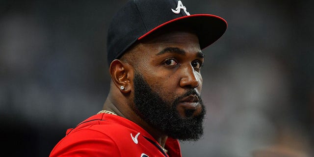 Atlanta designated hitter Marcell Ozuna in the dugout during a game against the Houston Astros Aug. 19, 2022, at Truist Park in Atlanta. 