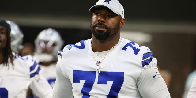 Offensive tackle Tyrone Smith for the Dallas Cowboys is shown during an NFL preseason game against the Los Angeles Chargers on August 20, 2022 at SoFi Stadium in Inglewood, California.