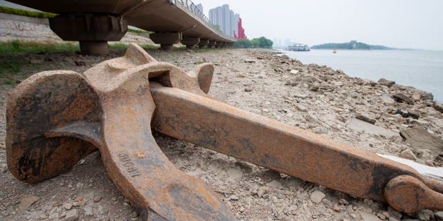 Nanjing, China - August 23, 2022 - Exposed tidal flats along the Nanjing section of the Yangtze River are pictured on August 23, 2022 in Nanjing, Jiangsu Province, China.