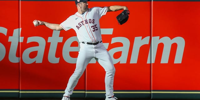 Astros starting pitcher Justin Verlander warms up during the Minnesota Twins game on Aug. 23, 2022, at Minute Maid Park in Houston.