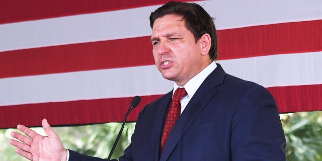 Florida Gov. Ron DeSantis speaks to supporters at a campaign stop on the Keep Florida Free Tour at the Horsepower Ranch in Geneva.