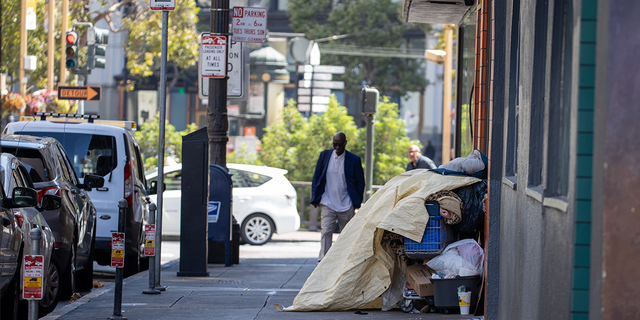 Rows of tents line the sidewalk in San Francisco.SAN FRANCISCO, USA - AUGUST 29: Homeless tents are seen near the City Hall of San Francisco in California, United States on August 29, 2022. (Photo by Tayfun Coskun/Anadolu Agency via Getty Images)