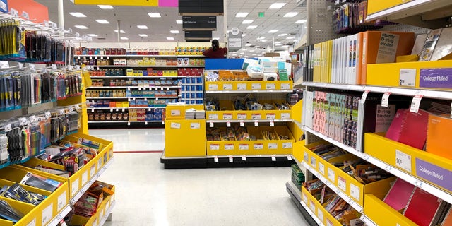 Stocked shelves of back-to-school supplies at a Target store on August 03, 2020, in Colma, California.