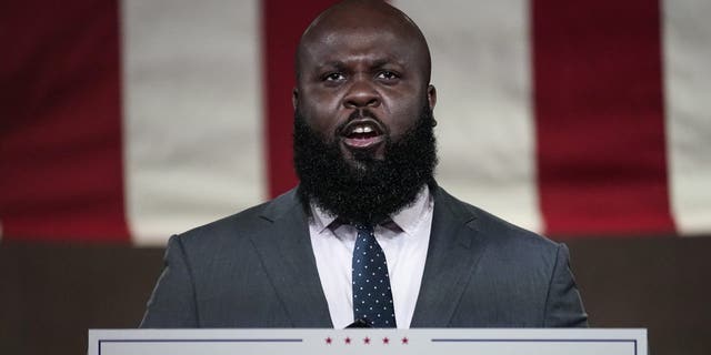 Ja’Ron Smith, White House Director of Urban Affairs and Revitalization and deputy assistant to the President, pre-records his address to the Republican National Convention at the Mellon Auditorium on August 27, 2020, in Washington, D.C.