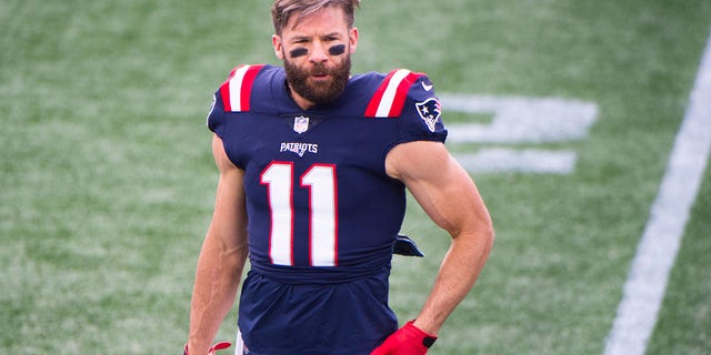 Julian Edelman of the New England Patriots before the start of a game against the San Francisco 49ers at Gillette Stadium in Foxborough, Massachusetts on October 25, 2020. 