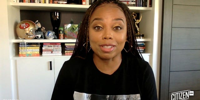 In this screen grab, Jemele Hill speaks at the featured session