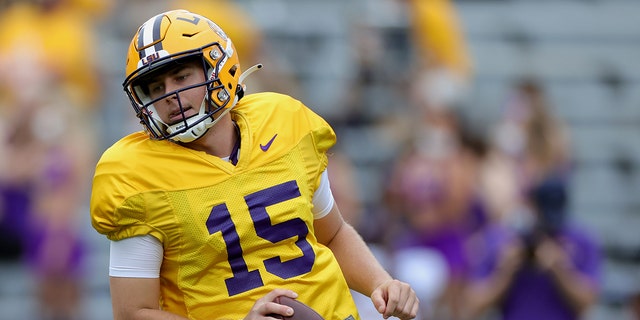 Myles Brennan of the LSU Tigers warms up prior to the spring game at Tiger Stadium on April 17, 2021, in Baton Rouge, Louisiana.