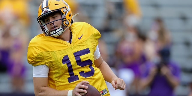 Myles Brennan of the LSU Tigers warms up prior to the spring game at Tiger Stadium on April 17, 2021, in Baton Rouge, Louisiana.