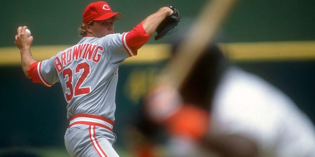 Tom Browning, #32 of the Cincinnati Reds, pitches against the San Diego Padres during a Major League Baseball game circa 1993 at Jack Murphy Stadium in San Diego. Browning played for the Reds from 1984 to 1994. 
