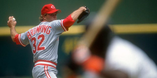 Tom Browning, #32 of the Cincinnati Reds, pitches against the San Diego Padres during a Major League Baseball game circa 1993 at Jack Murphy Stadium in San Diego. Browning played for the Reds from 1984 to 1994. 