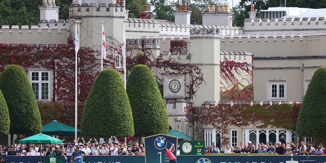 Adam Scott, of Australia, tees off on the first hole during Day Four of The BMW PGA Championship at Wentworth Golf Club on September 12, 2021 in Virginia Water, England. 