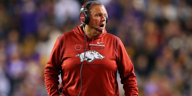 Head coach Sam Pittman of the Arkansas Razorbacks reacts during the first half of a game against the LSU Tigers at Tiger Stadium in Baton Rouge, Louisiana, on Nov. 13, 2021.