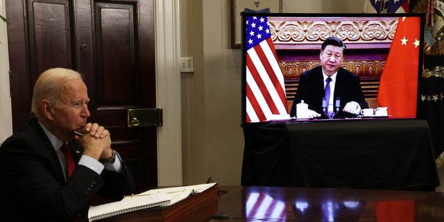 President Biden participates in a virtual meeting with Chinese President Xi Jinping at the White House, Nov. 15, 2021.