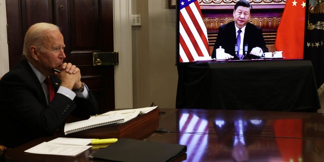 President Joe Biden participates in a virtual meeting with Chinese President Xi Jinping, Nov. 15, 2021 at the White House.