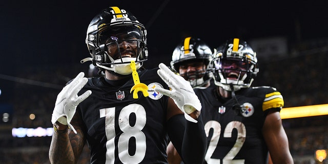 Diontae Johnson #18 of the Pittsburgh Steelers reacts after scoring a touchdown during the fourth quarter against the Baltimore Ravens at Heinz Field on Dec. 5, 2021 in Pittsburgh, Pennsylvania. 