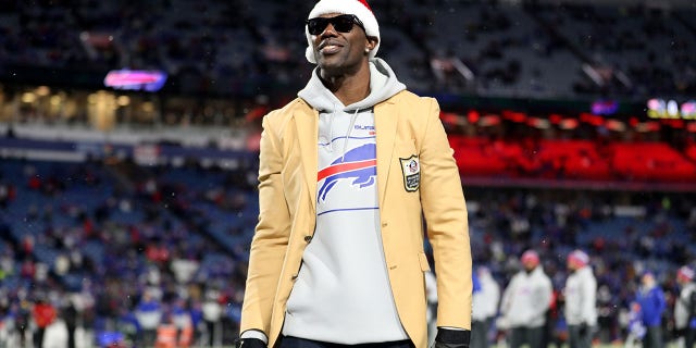 Terrell Owens reacts prior to a game between the Buffalo Bills and the New England Patriots at Highmark Stadium on December 06, 2021 in Orchard Park, New York.
