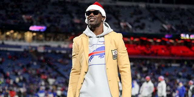 Terrell Owens reacts prior to a game between the Buffalo Bills and the New England Patriots at Highmark Stadium on December 06, 2021 in Orchard Park, New York. 