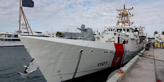 United States Coast Guard crew members work on a Cutter at the Coast Guard Sector Miami base on January 26, 2022 in Miami, Florida. 