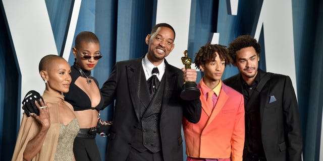 Will Smith, seen after winning the Oscar for Best Actor and after he slapped Chris Rock. He is pictured with his wife Jada and three children: Willow, Jayden, and Trey (from left to right).