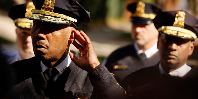 Metropolitan Police Chief Robert Contee listens to a question from a reporter after U.S. Secret Service officers shot and killed a person who had trespassed onto the Peruvian Embassy earlier in the morning in the tony Chevy Chase neighborhood April 20, 2022 in Washington, DC.