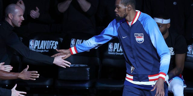 Kevin Durant of the Brooklyn Nets is introduced before Game 4 of the Eastern Conference First Round playoffs against the Boston Celtics on April 25, 2022 at the Barclays Center in Brooklyn, NY. 