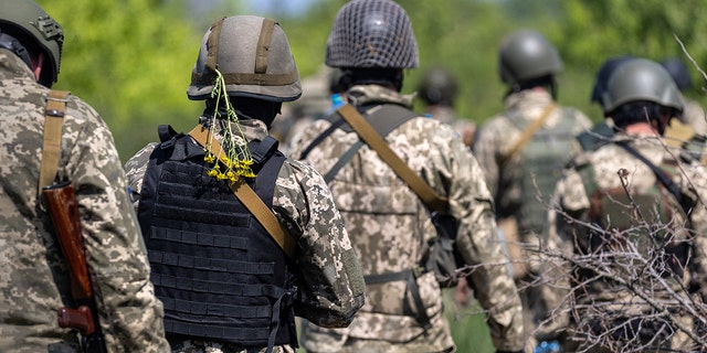 Ukrainian infantrymen train on May 9, 2022, near Dnipropetrovsk Oblast, Ukraine.